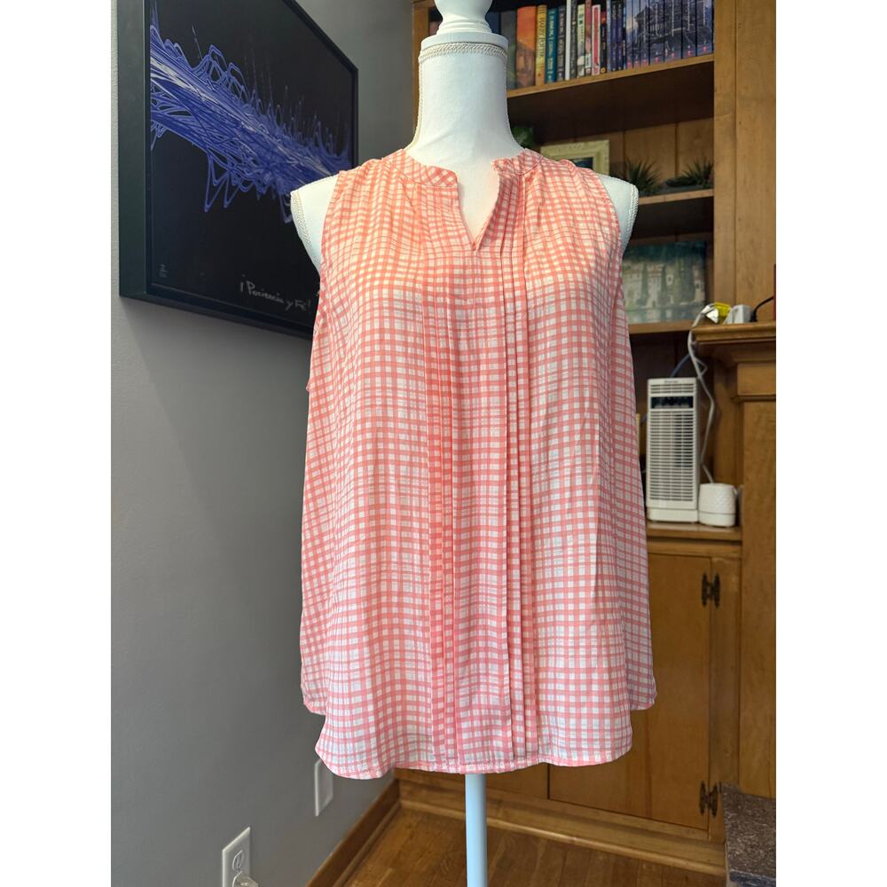 NWT 41 Hawthorne Breyson Pleated Detail Pink Gingham Split Neck Blouse Sz. L